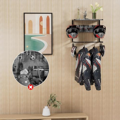 Motorcycle Helmet Holder Wall Mounted, Helmet Holder Wall Mount with Helmet Rack, Motorcycle Helmet Rack for Most of Helmet and Clothes - color: Grey