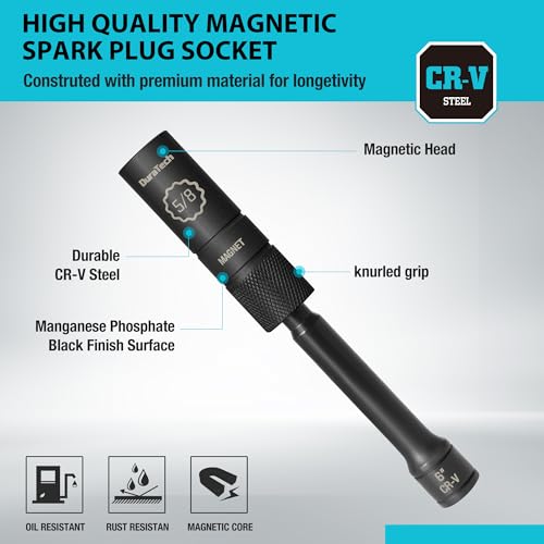 DURATECH 5/8" Swivel Magnetic Spark Plug Socket, 1MM Thin Wall Spark Plugs Socket with 12-Point, Enhanced Magnetic Head & Manganese Phosphate Coating, 3/8" Drive x 6" Total Length, Cr-V Steel Made - size: 5/8" x 3/8" x 6"