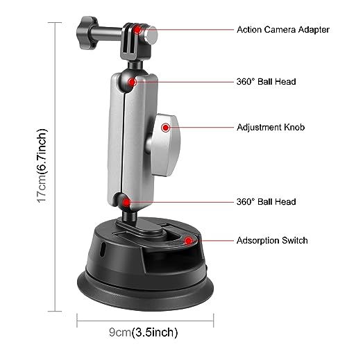 PULUZ Car Suction Cup Mount 360° Rotation Windshield & Window Camera Bracket for GoPro Hero 11 10 9 8 7 Insta360 X3 DJI Action Camera Accessories with Phone Holder with 1/4 Thread - size: 9cm/3.5inch Suction Cup-Upgrade