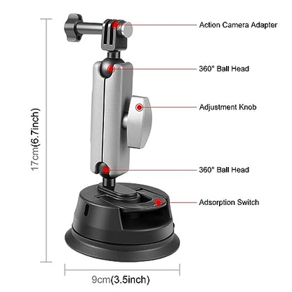 PULUZ Car Suction Cup Mount 360° Rotation Windshield & Window Camera Bracket for GoPro Hero 11 10 9 8 7 Insta360 X3 DJI Action Camera Accessories with Phone Holder with 1/4 Thread - size: 9cm/3.5inch Suction Cup-Upgrade