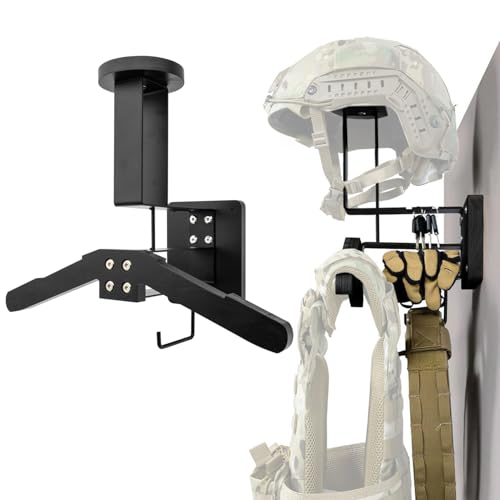 Tactical Gear Wall Mount Stand - Motorcycle Helmet Holder Display Stand with Hooks, Solid Wood Airsoft Plate Carrier Rack for Police, Football and Cycling Suit - color: Black