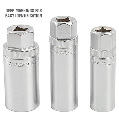 OEMTOOLS 22891 3/8 Drive Magnetic Spark Plug Socket Set, Contains 5/8" (16 mm), 9/16", and 13/16" 6 Point Deep Sockets, Fits Most Car Spark Plugs - style: 3 piece set