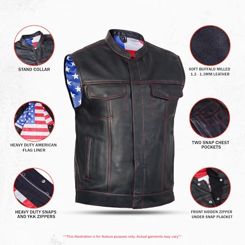 Daniel Smart Leather Vest Premium Soft Buffalo Milled leather with American Flag lining and Inside Pockets - size: XX-Large
