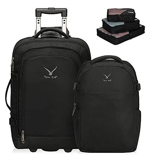 Hynes Eagle 2 in 1 Travel Backpack 22 inches Carry on Luggage 63L Rolling Backpack for Men Women with Packing Cubes 3PCS Set - color: Black