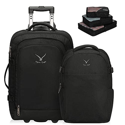 Hynes Eagle 2 in 1 Travel Backpack 22 inches Carry on Luggage 63L Rolling Backpack for Men Women with Packing Cubes 3PCS Set - color: Black