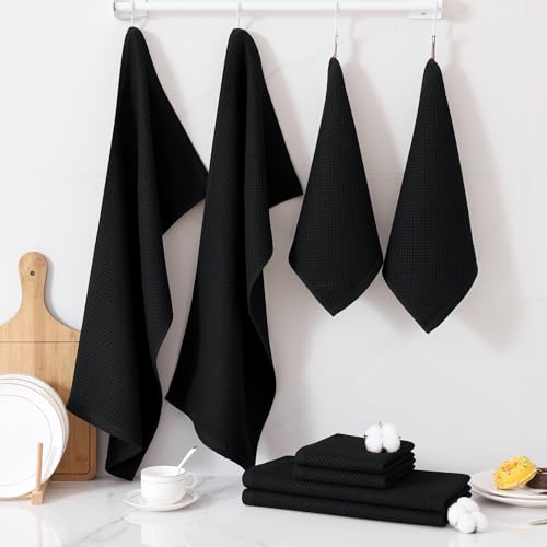 Homaxy 100% Cotton Kitchen Towels and Dishcloths Set, 12 x 12 Inches and 13 x 28 Inches, Set of 8 Bulk Kitchen Towels Set, Ultra Soft Absorbent Dish Cloths for Washing Dishes, Black - color: Black, style: 8-Piece Set