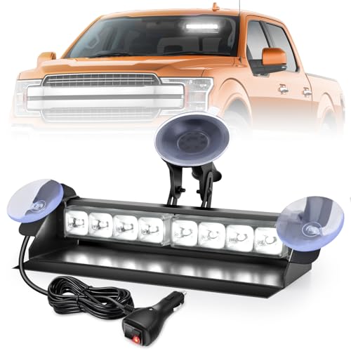 Nilight 8LED White Traffic Advisor Strobe Light Bar with Vacuum Suction Emergency Dash Warning Hazard Safety Flashing Lights Front/Rear Windshield Visor for Truck Police Plow Construction Vehicles - color: White, size: 8LED