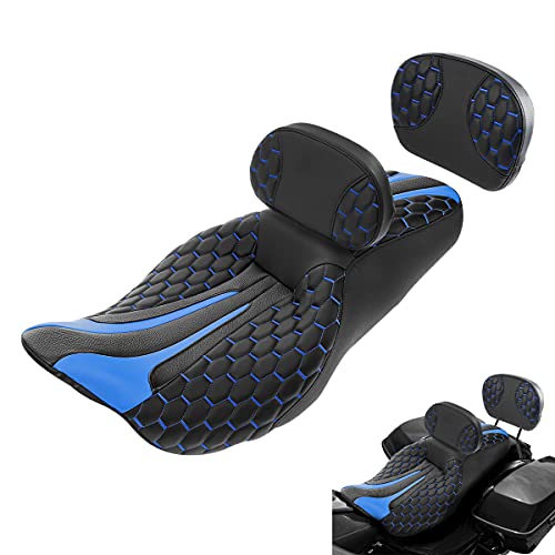 C.C. RIDER Classic Motorcycle Touring Seat Set- Passenger Backrest PAD Rider Sissy Bar for Harley Davidson Touring Road King Street Glide Road Glide Electra Glide CVO 2009-2023 - color: Black Blue Rider Seat + Backrest