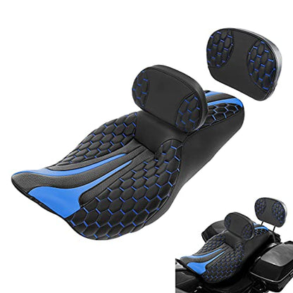 C.C. RIDER Classic Motorcycle Touring Seat Set- Passenger Backrest PAD Rider Sissy Bar for Harley Davidson Touring Road King Street Glide Road Glide Electra Glide CVO 2009-2023 - color: Black Blue Rider Seat + Backrest