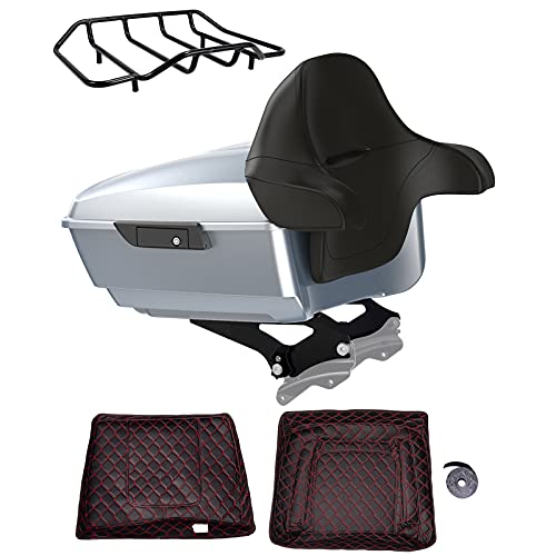 Advanblack US Stock Barracuda Silver(Glossy) King Tour Trunk Pack, Black Mount Bracket, Top Luggage Rack, Red Trunk Pak Liners Fit for 09-Later Harley Touring, Road Glide, Street Glide Special - color: Barracuda Silver(Glossy)