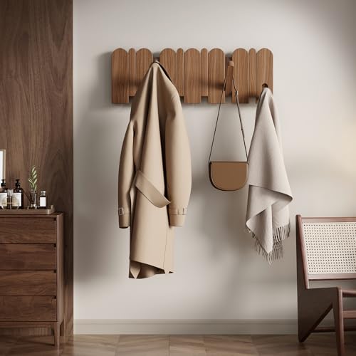 Walnut Wood Coat Rack Wall Mount,16.5" Wall Mounted Coat Rack with 8 Retractable Hangers,Heavy Duty Coat Hooks for Hanging Coats,Hats,Towels,Bags,Key Holder for Entryway - color: Walnut