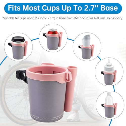 3-in-1 Bike Cup Holder with Cell Phone Keys Hook -Universal Water Bottle Holder for Walker/Wheelchair/Stroller/Scooter, Fits 0.87" Round Handlebar and 2.7" Cup Base,Gray Pink - color: grey pink