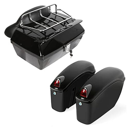 ECOTRIC Black Universal Hard Saddle Bag Trunk Tail Box w/Top Rack & Backrest & Tail Light Compatible with Yamaha Cruiser - color: Black, size: Trunk 50L & Saddlebags 35L