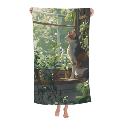 Cat and Greenery Beach Towel Kitten Sand-Free Microfiber Bath Towel Ultra Soft Quick Dry Pool Towel Absorbent Towel Lightweight Towel Gifts for Outdoor Bathroom Swimming Decor 31inx51in - color: Color 71