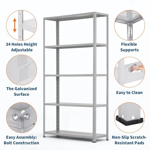 2500 LBS Capacity Heavy Duty Steel Shelving Unit, 5-Tier Garage Storage Shelves for Pantry, Basement, Kitchen, Laundry, Bathroom - Adjustable Metal Rack, 36 x 12 x 68 Inches - size: 68"D x 35.4"W x 12"H-Silver