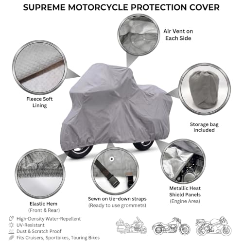 SavvyCraft Supreme Motorcycle Storage Cover, 5-Layer Waterproof UV Resistant Protection, Fleece Lined Indoor Outdoor Cover with Vent, Adjustable Straps for Tour Bikes, Choppers, Cruisers up to 110" L - size: Fits up to 110"L