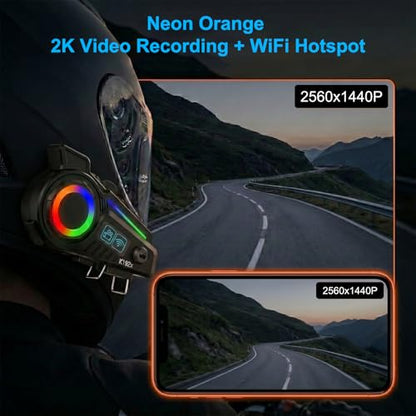 VANBAR Motorcycle Helmet Bluetooth Headset with 2K Camera, Dual-Mic Intercom and 40H Playtime, IP65 Waterproof Helmet Speaker System for Riding, Supports Video Recording & Music Sharing (Black)