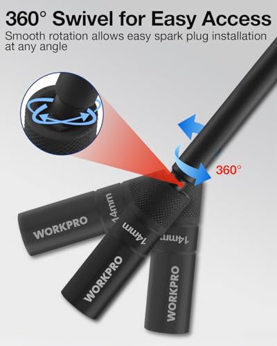 WORKPRO 14MM Swivel Magnetic Spark Plug Socket 12-Point, 1mm Thin Wall Socket, 360 Swivel, 3/8" Drive x 12", Black Phosphate Finish, Anti-Slip Knurled Grip - size: 14MM×3/8"×12"