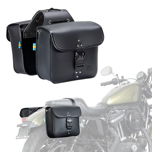 KEMIMOTO Motorcycle Saddlebags with Secure Lock & Quick-Release Buckles 15L (7.5Lx2) PU Leather Throw Over Hard-Shell Side Bags Universal Fit for Sportster Softail Rebel Dyna Cruiser - style: With Lock