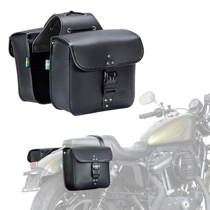 KEMIMOTO Motorcycle Saddlebags with Secure Lock & Quick-Release Buckles 15L (7.5Lx2) PU Leather Throw Over Hard-Shell Side Bags Universal Fit for Sportster Softail Rebel Dyna Cruiser - style: With Lock