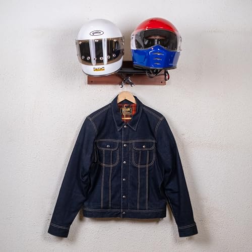 Trip Machine Company Motorcycle Helmet Holder | Jacket Hanger for Coat, Keys, Hats | Motorcycle Accessory | Solid Wood & Cast Iron Wall Mount | Multi Purpose Organizer Hook for Home, Office, Garrage