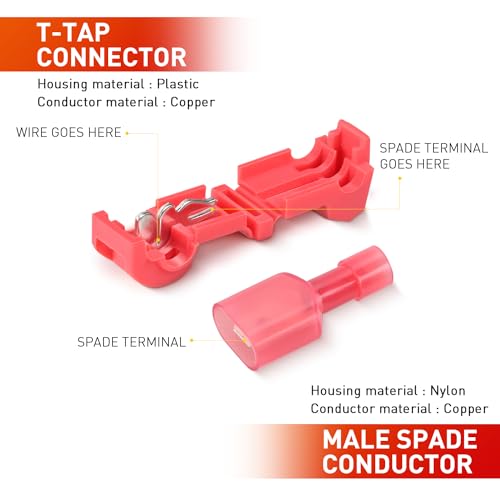 Nilight 120PCS/60 Pairs Quick Splice Disconnect Wire Terminals T-Tap Spade Connectors Red 22-16 AWG Male Female Fully Insulated Electrical Wire Crimp Self-Stripping Kit - size: 120Pcs 22-16AWG