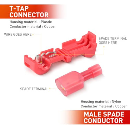 Nilight 120PCS/60 Pairs Quick Splice Disconnect Wire Terminals T-Tap Spade Connectors Red 22-16 AWG Male Female Fully Insulated Electrical Wire Crimp Self-Stripping Kit - size: 120Pcs 22-16AWG