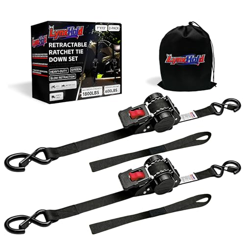 Retractable Ratchet Straps (2-Pack) - Heavy Duty Auto Slow Retraction Tie Down Straps - 1 Inch x 13 Feet (1,800lb Break Strength) for Truck, Cargo Trailer, Motorcycle, ATV, UTV - Black - color: Black, size: 2 pack