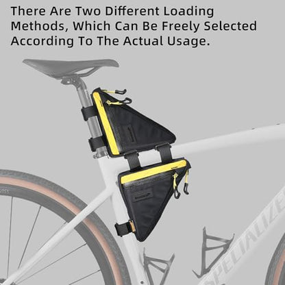 Rhinowalk Bike Frame Triangle Bag, Waterproof Compact Storage Bag with YKK Zippers, Multi-Pocket Design, Doesn’t Rub Legs – 0.9L, Black+Yellow - color: Black+Yellow, 0.9L