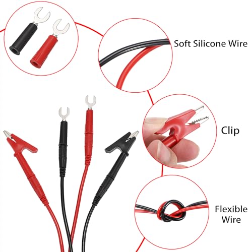 Sumnacon 4 in 1 Banana Plug Alligator Clip Pure Copper Fork Test Lead, 9.8 Ft Multimeter Flexible Test Lead Wire Cable with Protective Jack Copper Clamps for Electrical Testing 1000V/15A - size: 9.8 ft