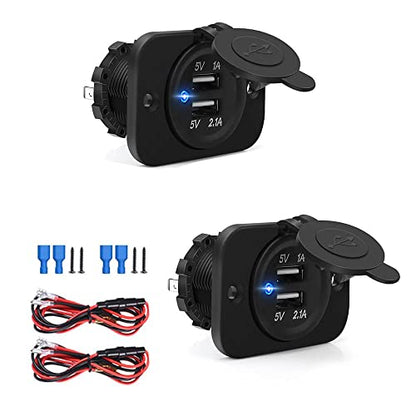 Riseuvo 2 Pack USB Charger Socket - 12v Dual USB Power Outlet 2A/1A Power Adapter for Car Marine Motorcycle ATV RV, with Wire Fuse DIY Kit