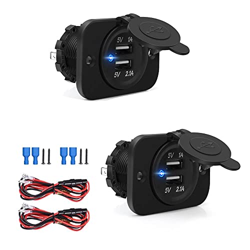 Riseuvo 2 Pack USB Charger Socket - 12v Dual USB Power Outlet 2A/1A Power Adapter for Car Marine Motorcycle ATV RV, with Wire Fuse DIY Kit