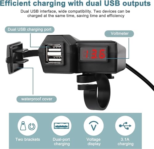 XMSJSIY Motorcycle USB Charger 5V 3.1A Dual USB Phone Charger Adapter Kit Cable with Voltmeter、Waterproof and ON/Off Switch,Handlebar Mounting or Diameter Rearview Mirror Holder-1.4M/4.59FT