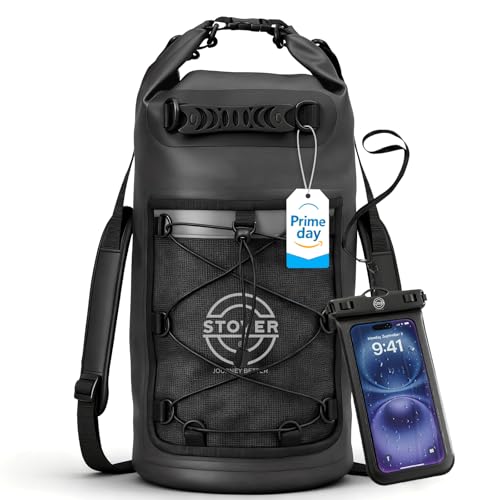 STOVER 5/10/25/30/40/55L Waterproof Dry Bag- Roll-Top Backpack w/Phone Case- Kayaking, Hiking, Camping, Boating- Men/Women - color: 25l Black (With Phone Case), size: 25L