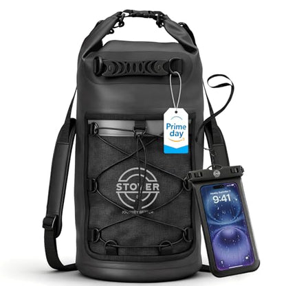STOVER 5/10/25/30/40/55L Waterproof Dry Bag- Roll-Top Backpack w/Phone Case- Kayaking, Hiking, Camping, Boating- Men/Women - color: 25l Black (With Phone Case), size: 25L