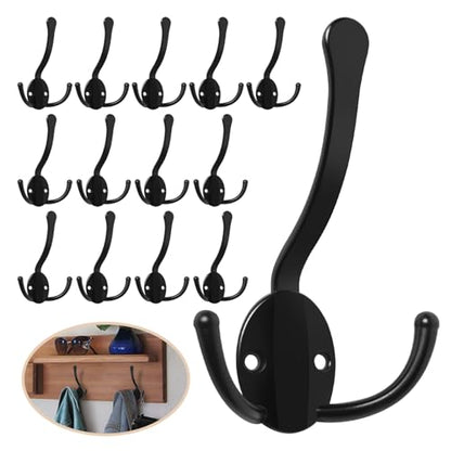 Homanu 14 Pack Coat Hooks Heavy Duty, Metal Three Prongs Large Coat Hooks Wall Mounted with 28 Screws, No Rust Black Rustic Wall Hooks for Hanging Towel, Coat, Scarf, Bag, Hat, Cup, Key - color: 14 Pcs Black