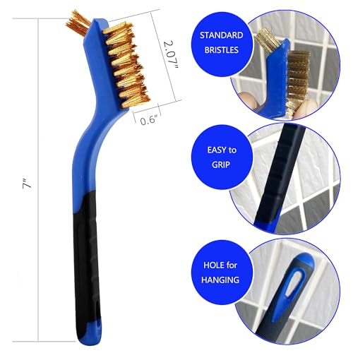 Wire Brush Set (3-Pack) for Precision Cleaning – Brass, Nylon & Stainless Steel Brushes for Rust Removal, Delicate Surfaces & Tight Spaces – 7-Inch Curved Handle - color: 3 PCS BLUE