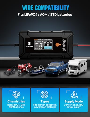 DC HOUSE 12V 5A Battery Charger, Smart LiFePO4 & Lead Acid Battery Maintainer, Trickle Charger & Desulfator for Car, Motorcycle, Automotive Batteries