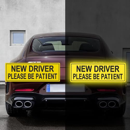 2pcs High Intensity Reflective New Driver Car Sticker Waterproof Student Driver Please Be Patient Decal for Car Window Bumper Reflective Night Safety Warning Decal (Yellow) - color: Yellow