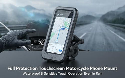 Waterproof Motorcycle Phone Mount, Full Protection Touchscreen Holder, IPX6 Water Resistant, High-Sensitivity PET Touch Film, Black