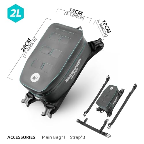 Rhinowalk Waterproof Motorcycle Tank Bag, 2L Compact Motorbike Tank Pouch with MOLLE Webbing, Removable Inner Liner, Cable Port, Reflective Logo, Organized Interior