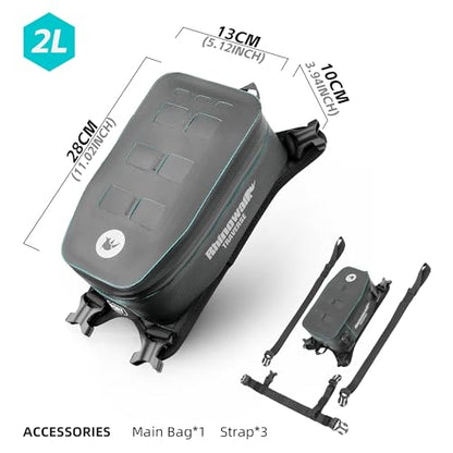 Rhinowalk Waterproof Motorcycle Tank Bag, 2L Compact Motorbike Tank Pouch with MOLLE Webbing, Removable Inner Liner, Cable Port, Reflective Logo, Organized Interior