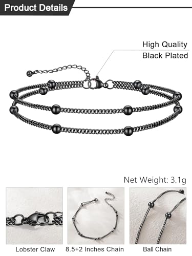 U7 Silver/Gold Ankle Bracelets for Women Layered Chain Anklets Stainless Steel Waterproof Summer Beach Anklet Cham, Adjustable 8.5"-10.5" - color: Black - Layered Ball Chain