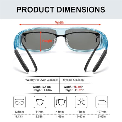 Wzerry Sunglasses Fit Over Glasses Polarized for Men Women, Wrap-Around Glasses UV400 Protection for Driving and Outdoor - color: Black/Grey + Transparent Blue/Grey + Transparent Blue/Silver