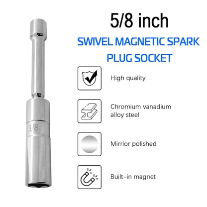 A ABIGAIL 5/8" Swivel Magnetic Spark Plug Socket 3/8 Inch Drive x 6" Total Length 6-Point 360 Degree Swivel Thin Wall Spark Plug Socket Removal Tool Cr-V Steel - size: 5/8”-6inch