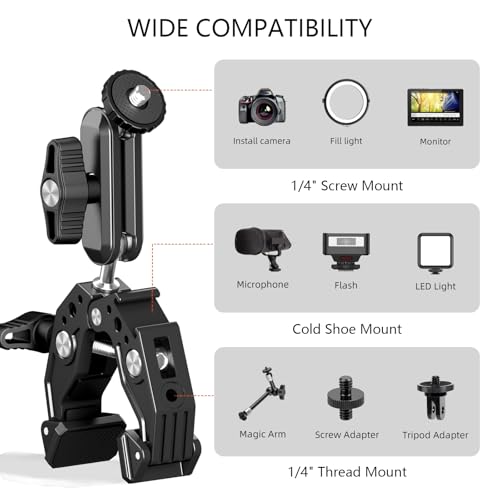 Phone Clamp Mount with 360° Dual Ballhead Anti-Fall 360° Rotating Motorbike Phone Holder AC Clamp Mount for GoPro Hero 13,DJI OSMO Pocket 3,Insta 360 X5 Fits Mountain/Scooter/Dirt - color: Black