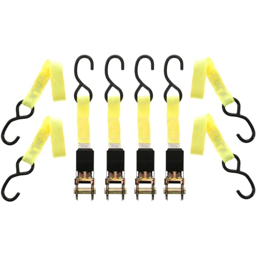 Muddy 1" X 10' Standard Duty Durable Weather-Resistant Versatile Reinforced Ratchet Straps with Vinyl-Coated S-Hooks | 300LB Working Strength/900LB Breaking Strength | 4 Pack, Highly Visible Yellow - color: Highly Visible Yellow