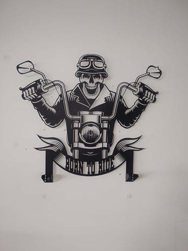 Handmade Metal Skull Wall Decor Hanger – “Born To Ride” Motorcycle Helmet and Jacket Rack – Black Steel Wall Art, Gift Harley Garage, Bikers and Motorcycle Lovers (61X69cm/24X27 Inches) - size: 61X69cm/24X27 Inches
