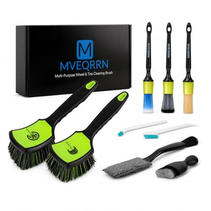 MVEQRRN 9PCS Car Detailing Brush Set, Boar Hair Detailing Brushes,Car Detailing Wheel Kit (Green) | Soft & Stiff Bristles Auto Detailing Brush,Wheel & Tire Brush,Interior & Exterior Car Brush,Car Wash Kit for Cars,Trucks,SUVs - color: 9pcs green detail wh