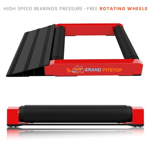 GRAND PITSTOP Motorcycle Roller Wheel Cleaning Stand - Paddock Stand Replacement - Wheel Roller Stand with Ramp Support for tire Cleaning & Chain Lubrication - (Bikes < 600 lb) - color: Black Red